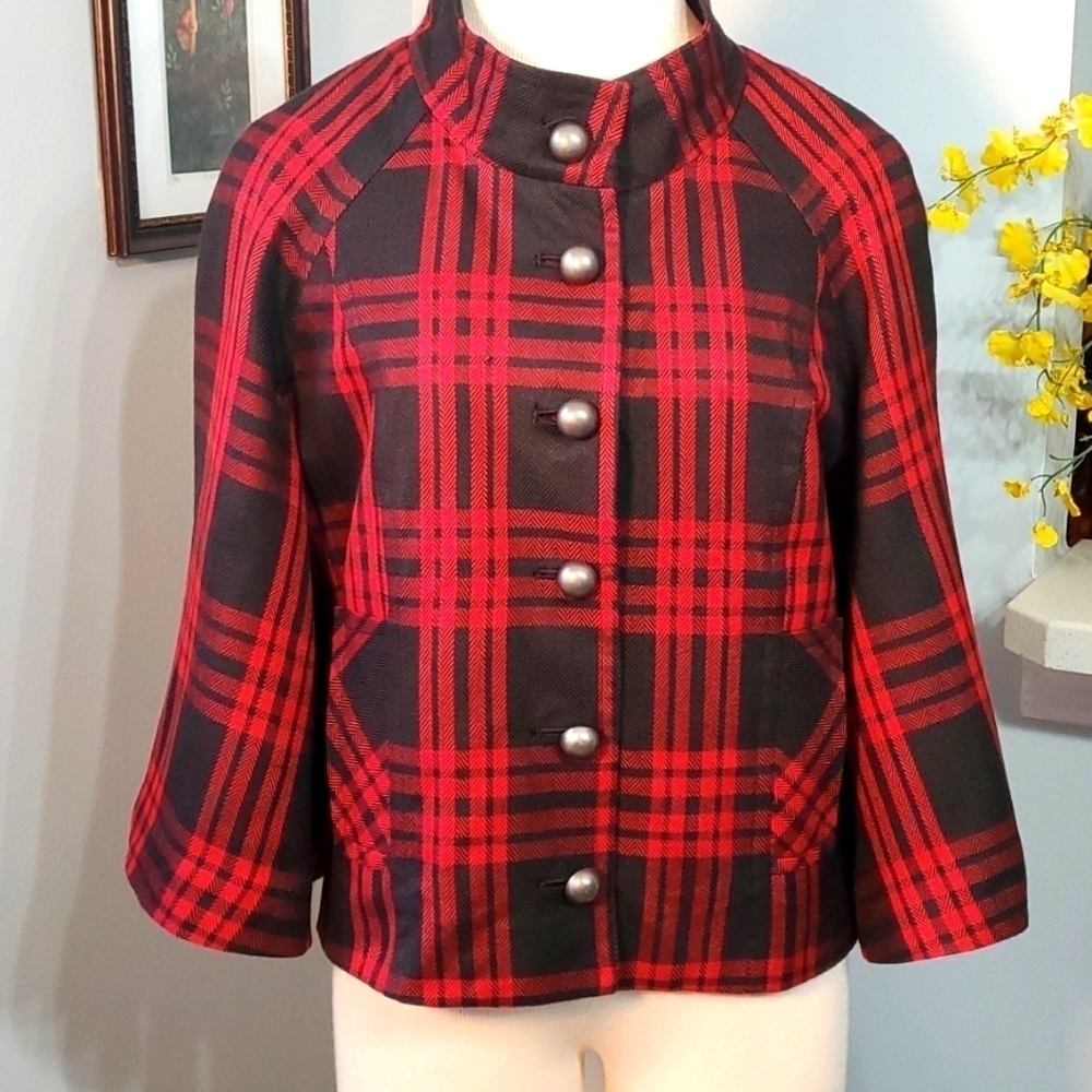 Larry Levine Y2K red plaid swing jasket.. Size 10, pockets‎ butterfly sle…